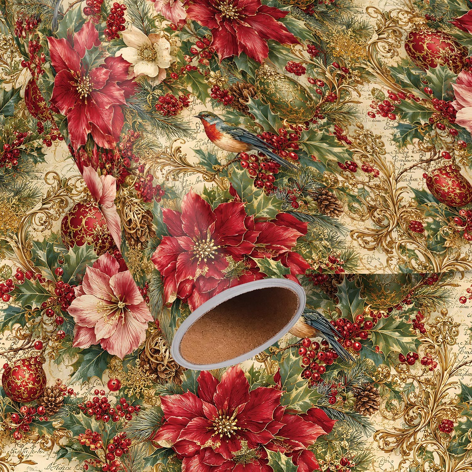 TEMU Rouleau de papier d'emballage floral de Noël vintage - 17.7 X 118 pouces, papier d'emballage cadeau de Noël élégant avec fleurs de poinsettia,