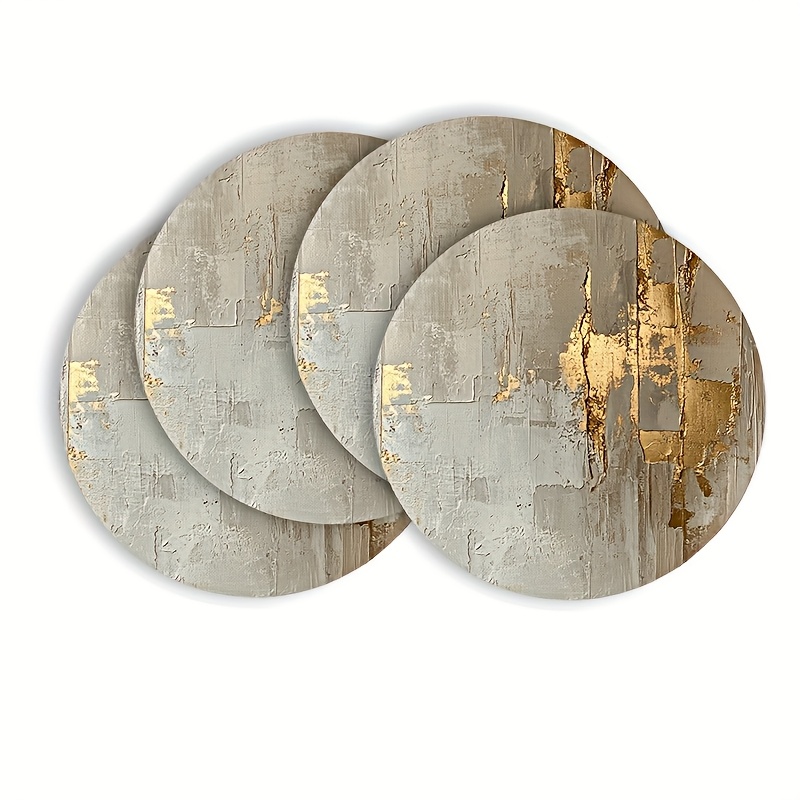 A Collection Of 6 Circular Table Placemats Featuring An Abstract Beige Pattern With Golden Highlights. Mats Are Machine Washable, Safe, Non-toxic, And Long-lasting, Making Them Perfect For Decorating