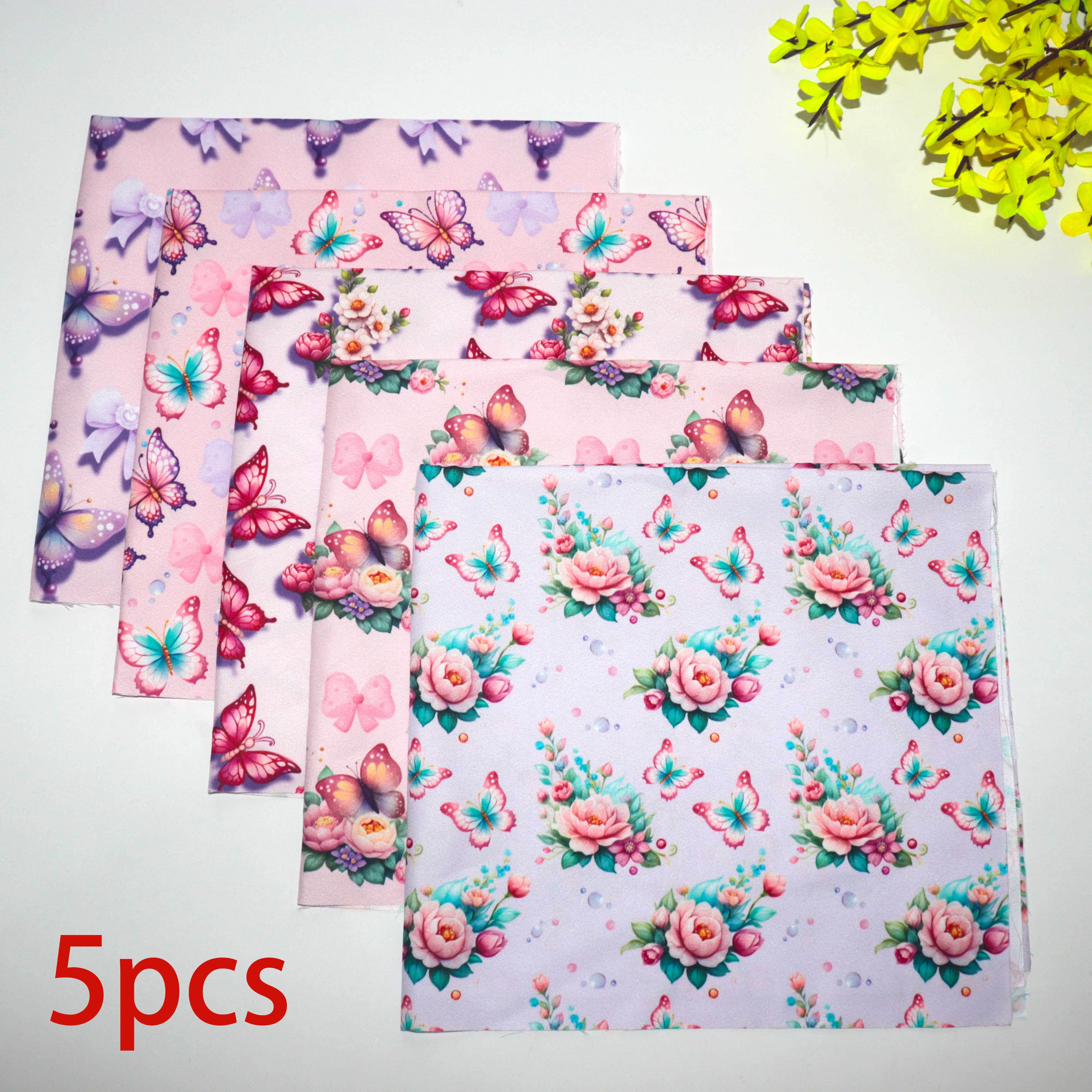 E-shop 5er-Set, Romantischer rosa-lila Schmetterlings-Blumendruck, Zarte verträumte Schleifen-Rosenmuster-Dekoration, Vorgeschnittene Stoffkombination,