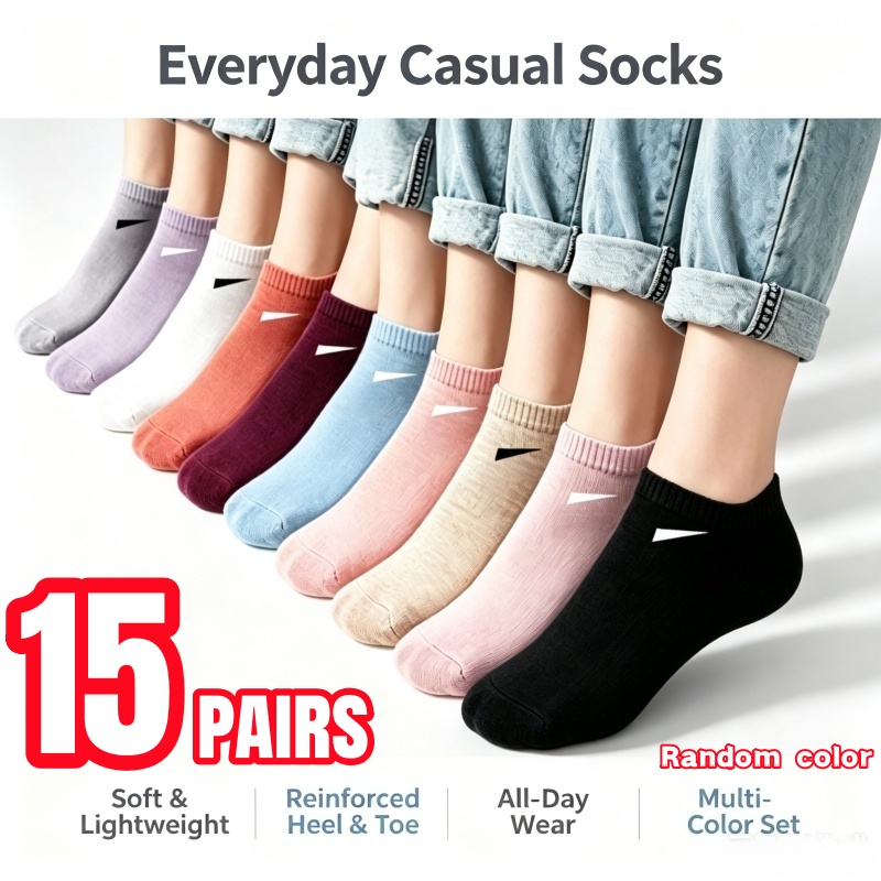 TEMU 15 Pairs Women's Elegant Short Socks - Random Colors, Assortment Set, Unisex Style, Breathable And Lightweight Invisible Casual Socks, Soft And