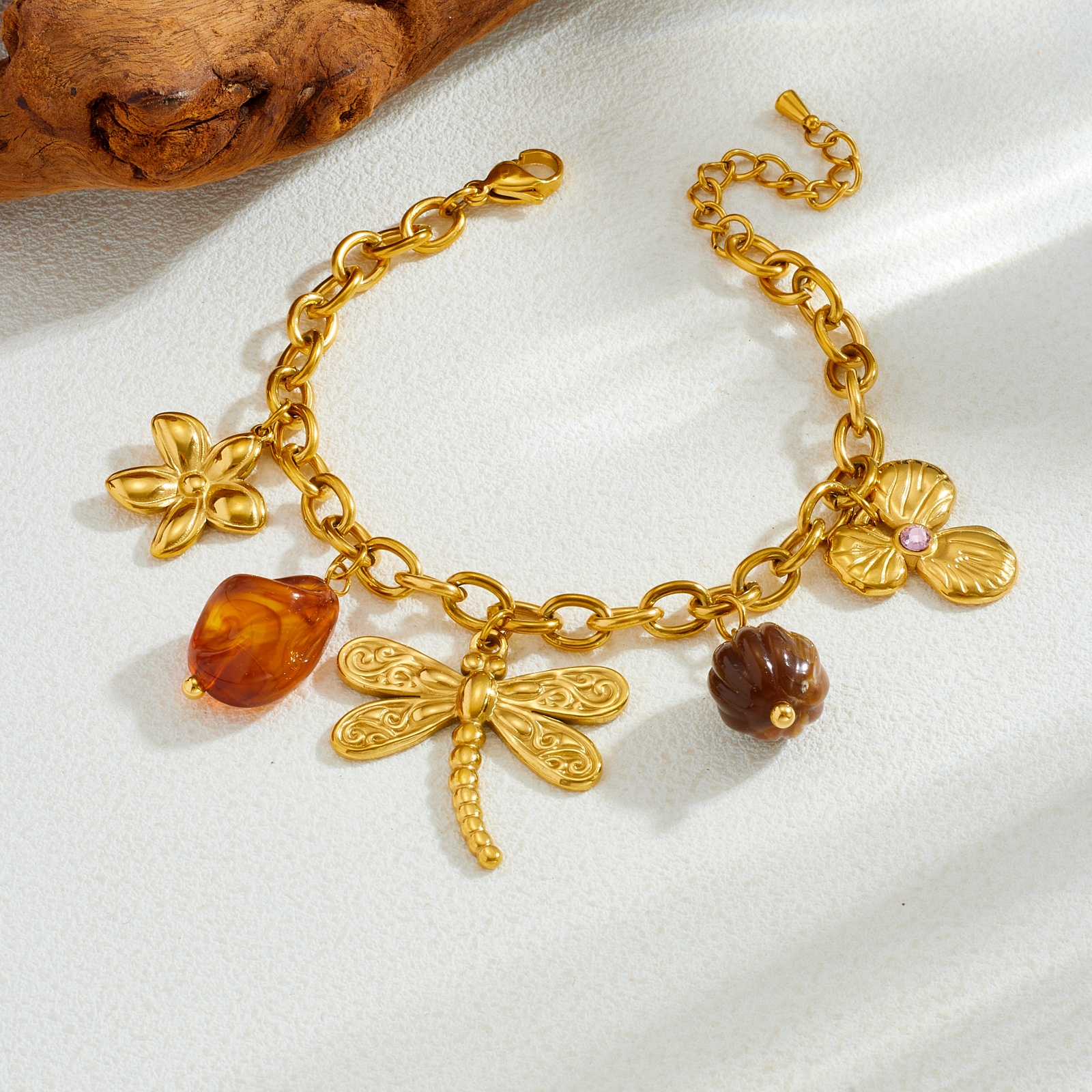 Women's Dragonfly & Flower Pendant Golden Bracelet, Elegant Gift