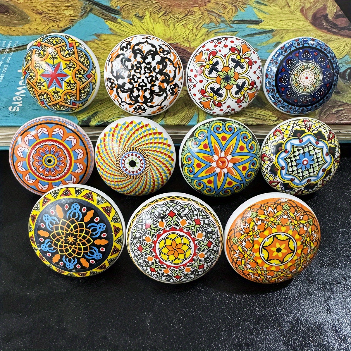 12pcs bohemian ceramic drawer knobs set 11 fixed colors and 1 random color hand painted floral geometric pattern pull handles with vintage   cabinet door knobs with mounting screws for drawer wardrobe   decoration use