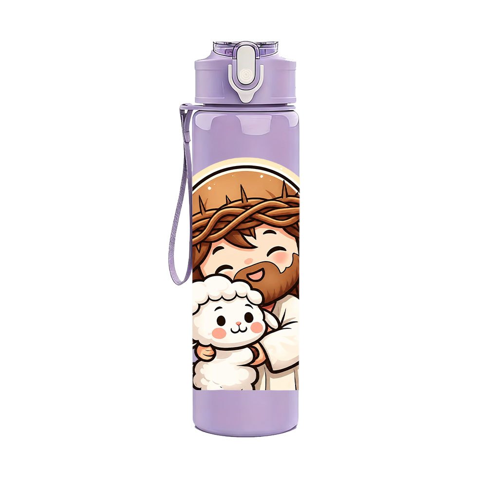 TEMU 1pc, Shepherd And Sheep Pattern, 750ml/26oz, Colored Plastic Sports Water Bottle, Travel Cup, Cute Print, Leak-proof With Pop-up Lid, Suitable