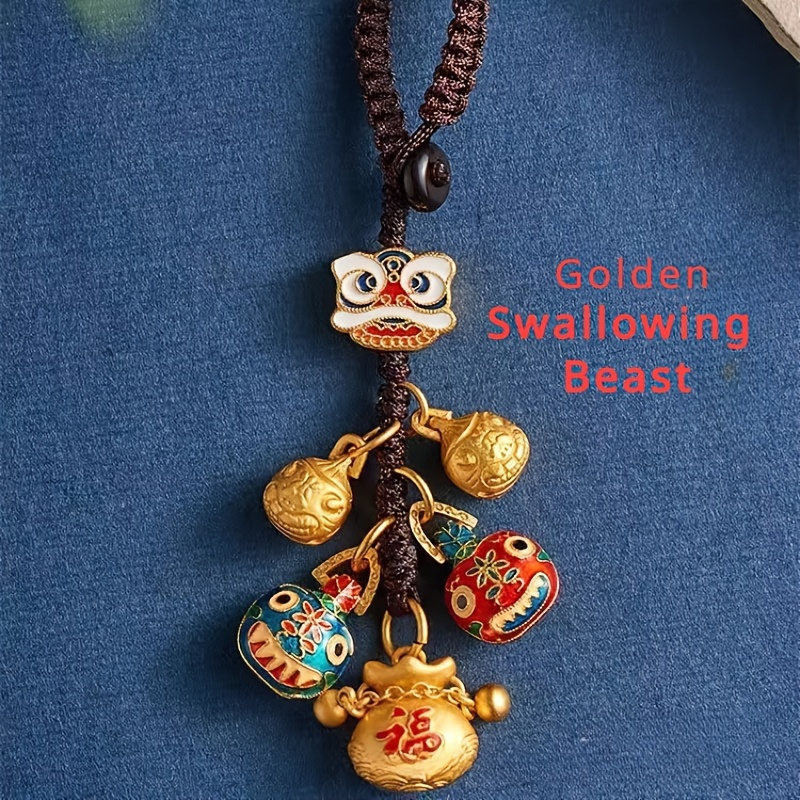 

1 Set Of Wealth Keychain - Beaded Alloy Family Keychain With Golden Copper Charm, Decorative Pendant With Ring For Car And Bag Decoration