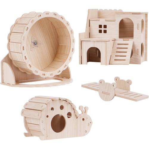 item picture set of 4 hamster toys including a wooden house a quiet exercise wheel a and a snail shaped hideout hamsters and gerbils