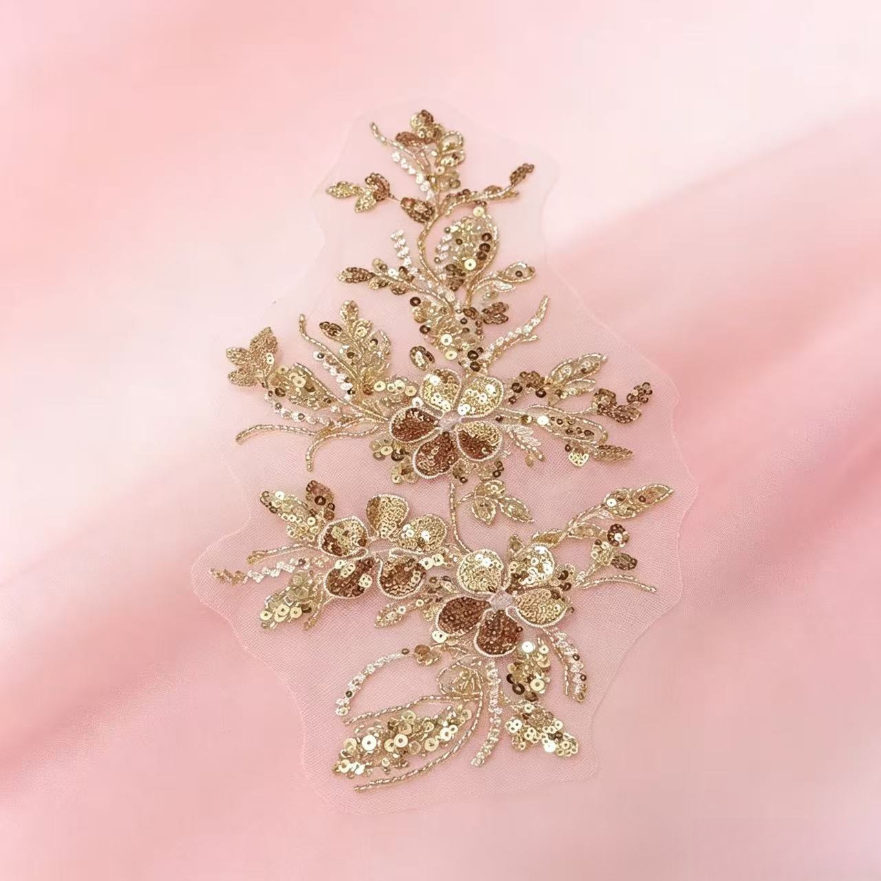 Champagne Golden Sequin Beaded Floral Embroidery Applique for Dresses