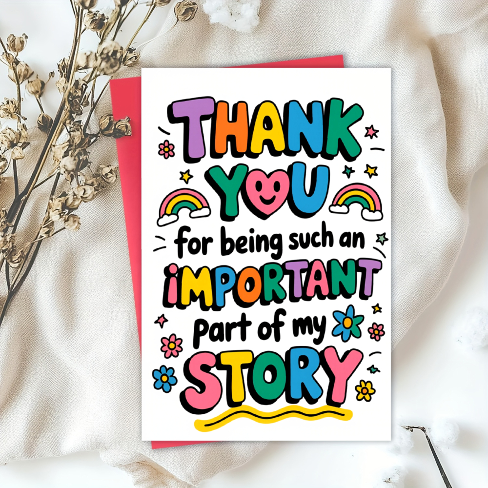a   thank you card featuring   thank you for being an important part of   cute colorful design with flowers   and a   heart high quality paper card for teachers  