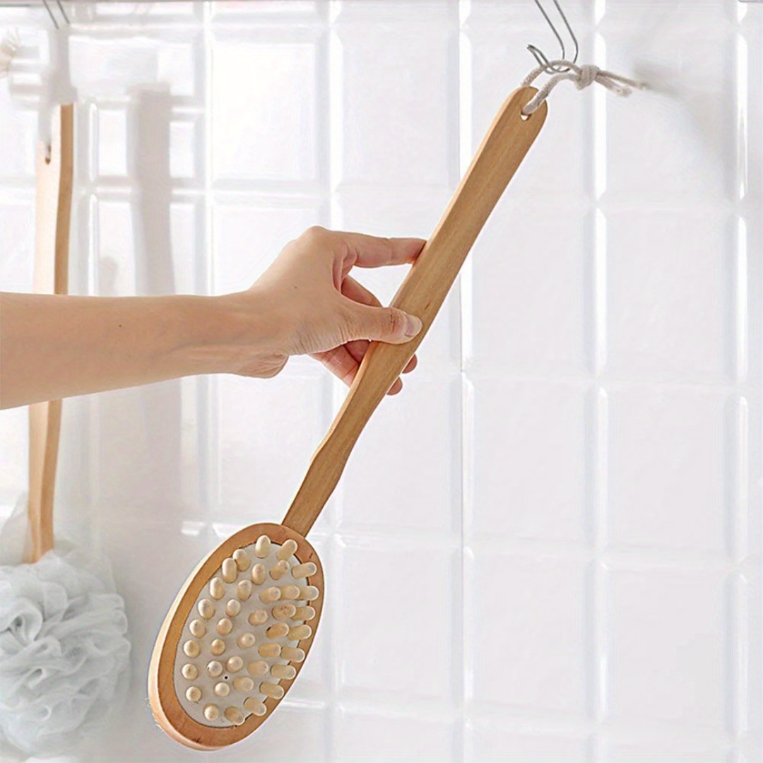 dual purpose long handled wooden back brush for scrubbing and exfoliating during showers   serves as a lotion applicator ideal for bathing Product details 4