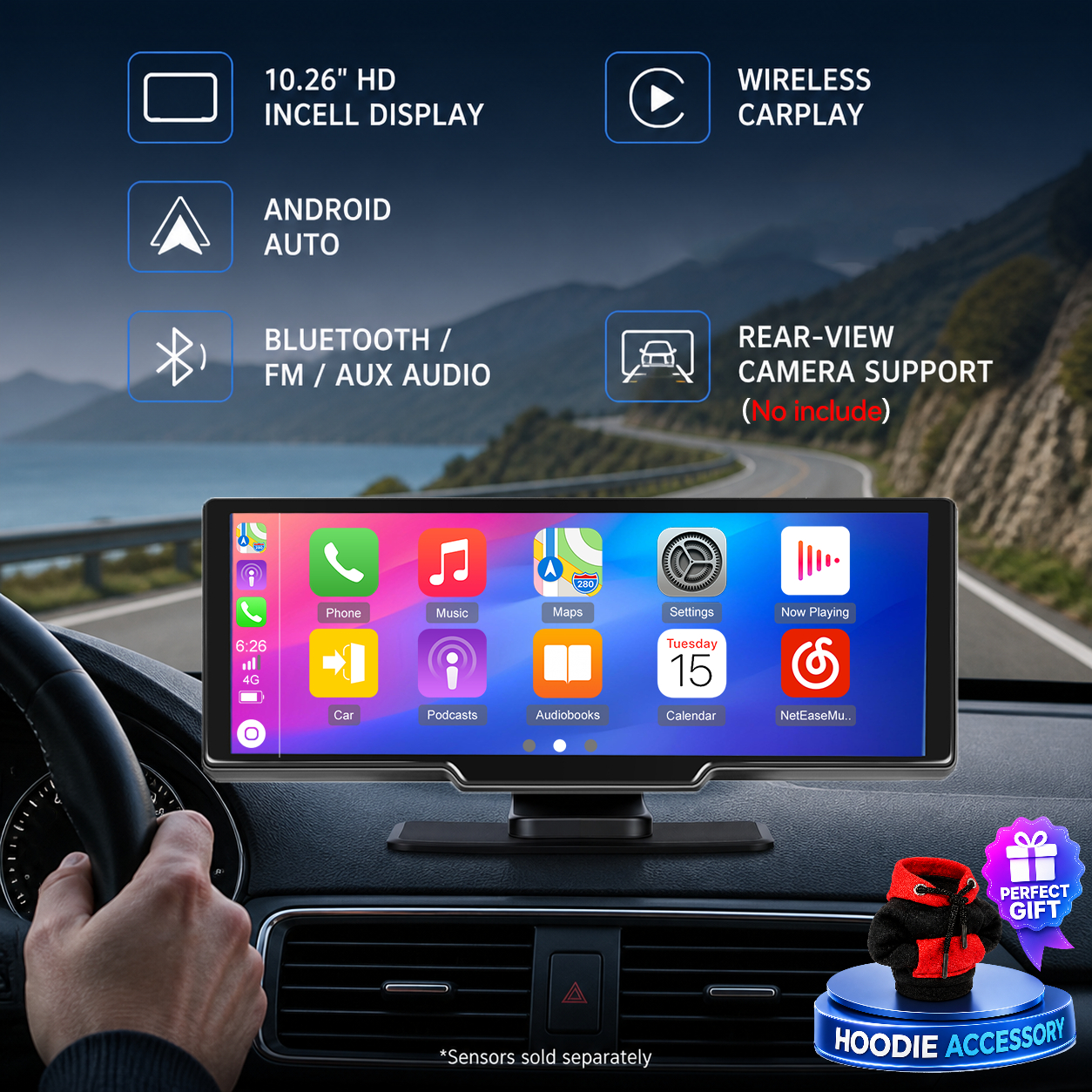 Image of 10.26-inch Portable Car Stereo With Hd 1600x600 Ips Touchscreen, Wireless Carplay And Auto, Wireless, Fm Transmitter, Aux, Rear View Camera Support For Cars (not Included), Without Battery