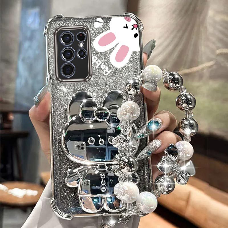 TEMU Phone Case: Galaxys21ultra 5g Luxury Wrist Strap Glitter Makeup Mirror Cute Rabbit Phone Holder Case On For Galaxy S21 Ultra 5g Anti-knock Shock