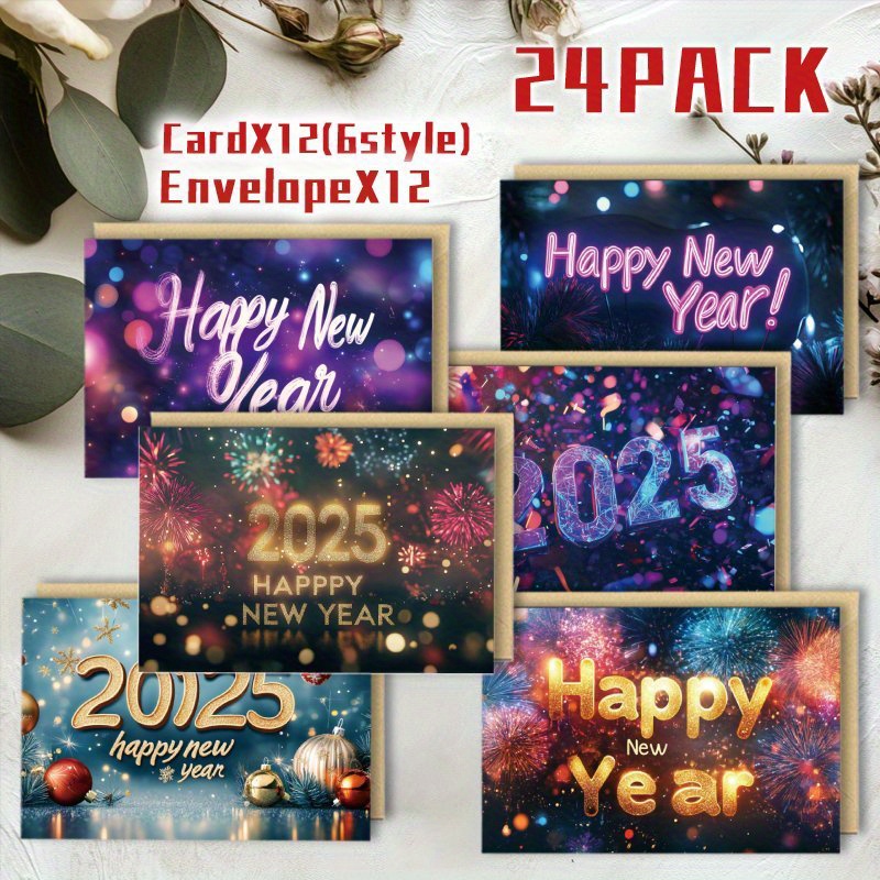 

24-pack Assorted New Year's Greeting Cards With Envelopes - Fireworks & Designs For - Multipurpose Holiday, Birthday, Cards - Construction