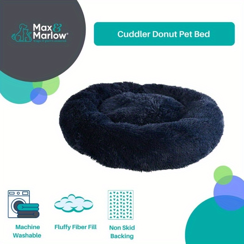 medium navy blue long     fur anti anxiety cuddler donut   bed with non slip bottom plush poly fill support machine washable cover for small to large pets up to 55lbs pet relaxation spot   furniture durable pet bedding Product details 2