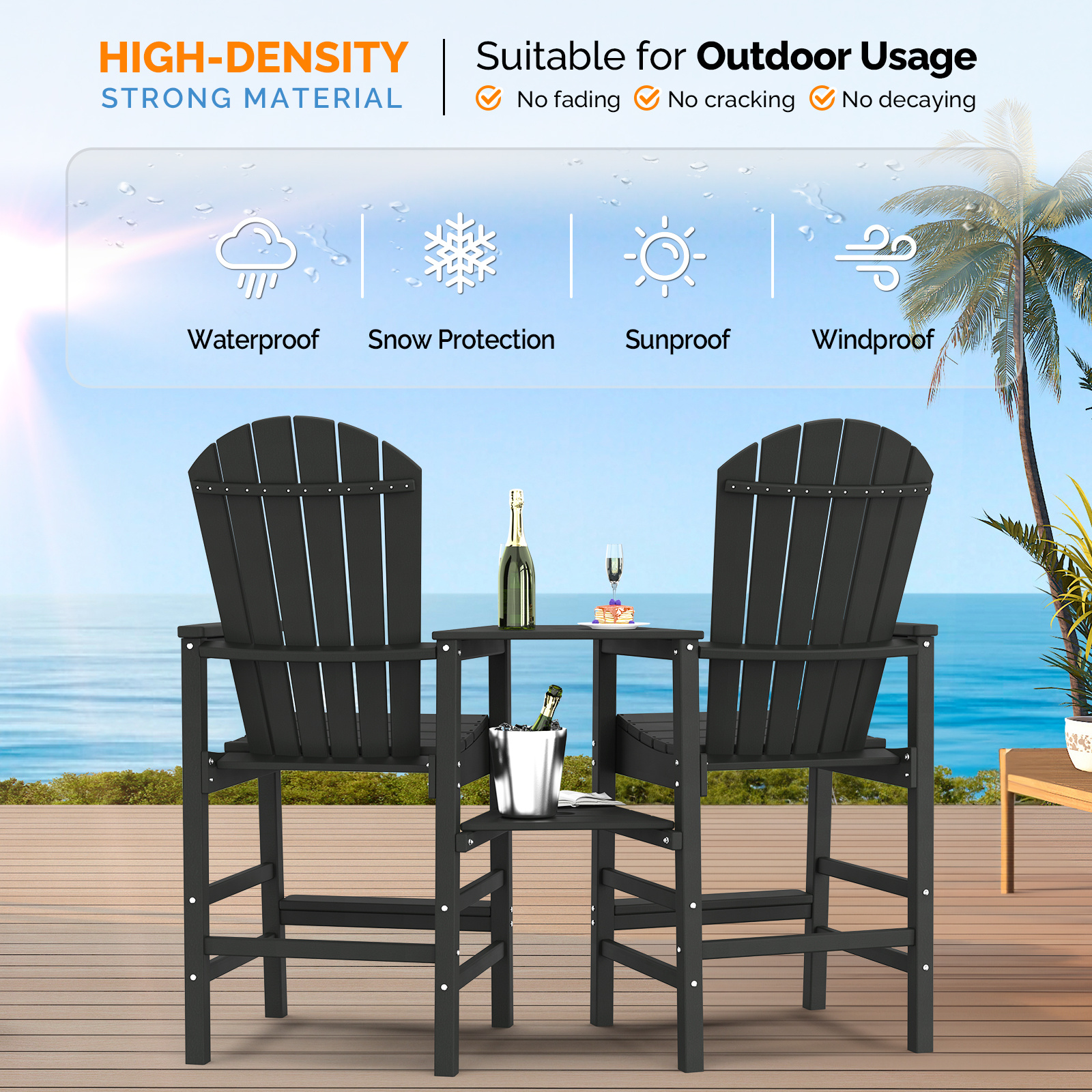 2pcs High-legged Adirondack Chair Set, All-weather High-density Polyethylene (HDPE) Bar Stool, Outdoor Chair with Double Tray and Parasol Opening, Suitable for Balconies, Poolside, Backyards, and Patios.