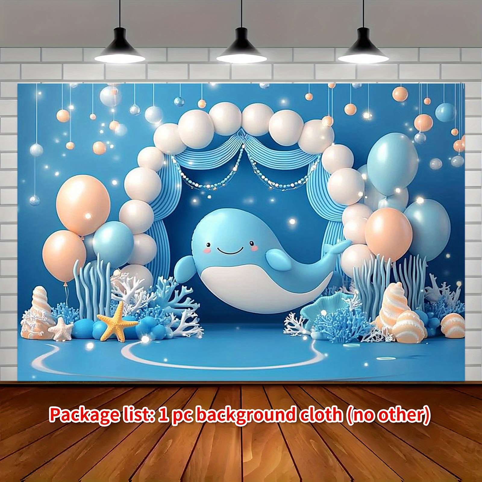 1pc whimsical whale ocean balloons party backdrop 70 8x90 5in polyester banner with   seashells glittery       showers birthdays weddings photography event 0