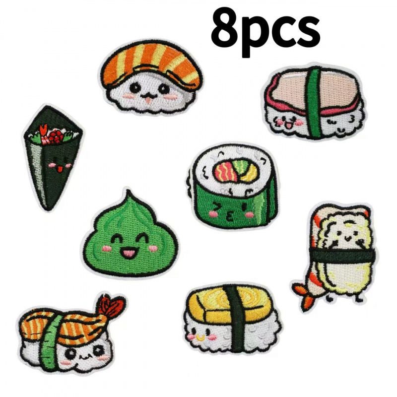 TEMU 8pcs Set Japanese Sushi Embroidered Fabric Patch Set, Decorative Cartoon Shrimp Toast Patches, Computer Embroidery Badges, Salmon