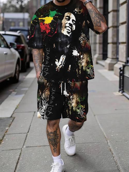 mens 3 print 2pcs set reggae ink splatter figure print trendy short sleeve outfit trendy short sleeve and shorts set trendy outfit breathable sporty gift for men