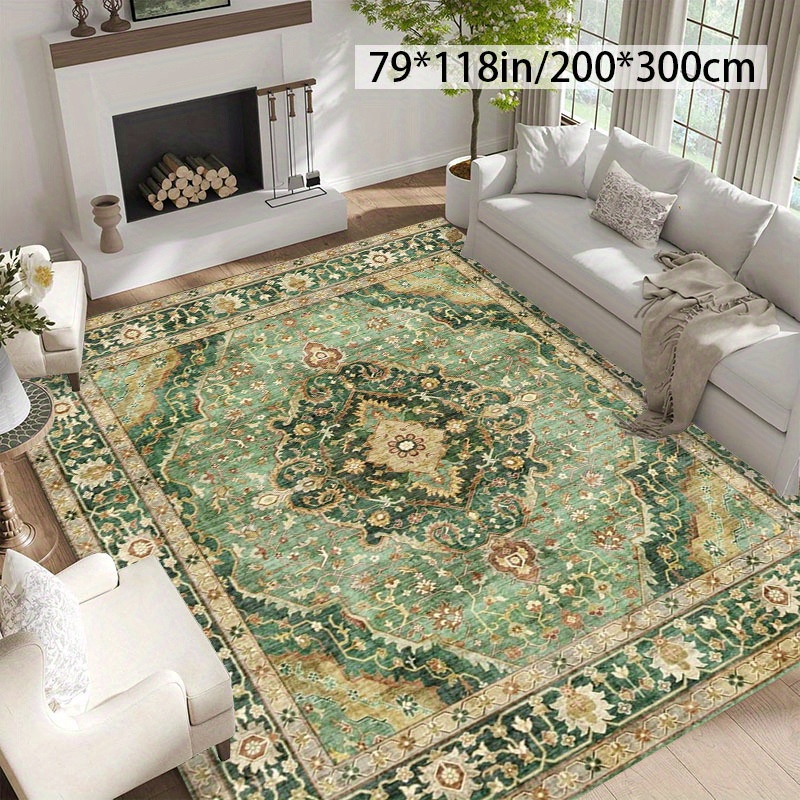 TEMU Large 79" X 118" Bohemian Green Area Mat - Non-slip, Machine Washable, Easy Clean Polyester Mat With Intricate Floral Pattern For Living Room,