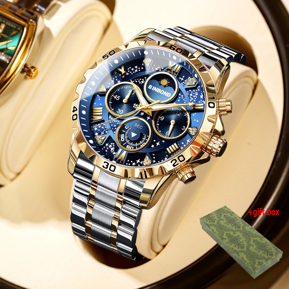 TEMU New Binbond Business Luxury Small Seconds Men's Watch, Unique Multifunctional Three-eye Six-hand Dial, Luminous Display & Date Window, Back To