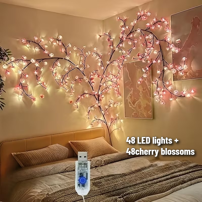 TEMU 96-light Cherry Vine String Lights(48leds+48cherry ), Led Branch Lights, Vine Lights, 8 Lighting , Usb Powered, Diy Ambient Lights For Bedroom,