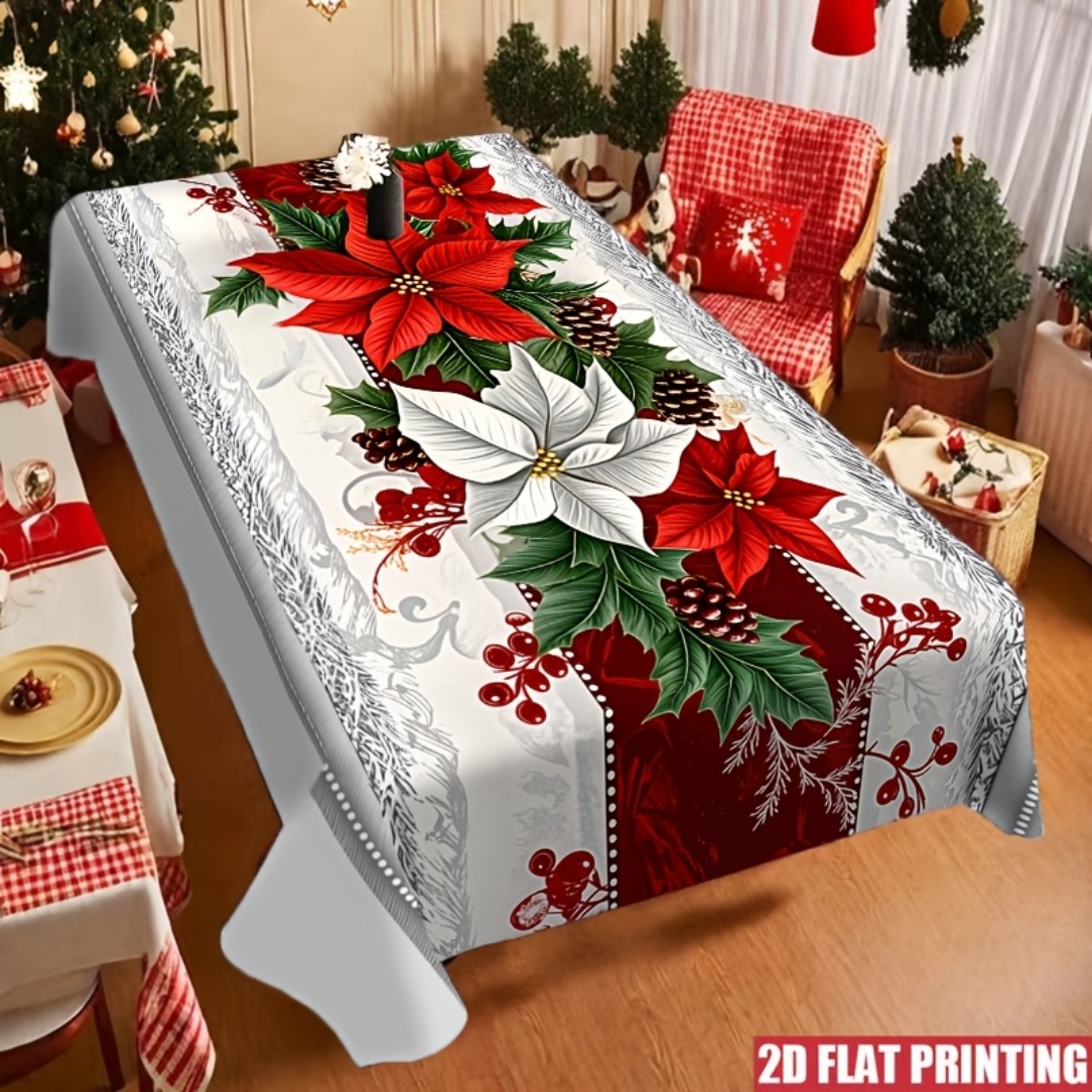 TEMU 1pc Tablecloth 2d Flat Retro Festive Tablecloth - Red Potted Flowers, , And Elegant White Background - Indoor And Outdoor Holiday Decor -
