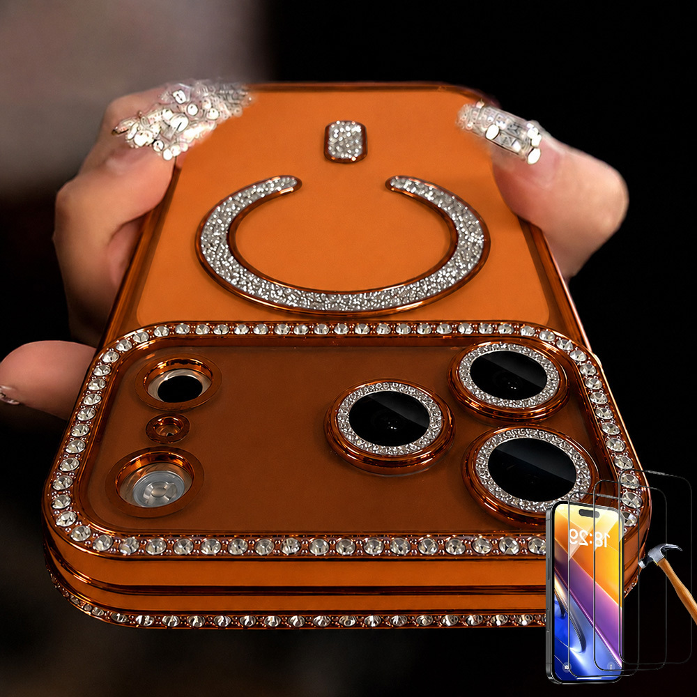 Phone Case - 4pcs-1 Case And 3 Screen Protectors, Luxury Side Diamond Magnetic Shockproof Case, Precise Lens Cutout Soft Cover For Iphone 17/17 Air/16e/16/15/14/13 Pro Max/plus