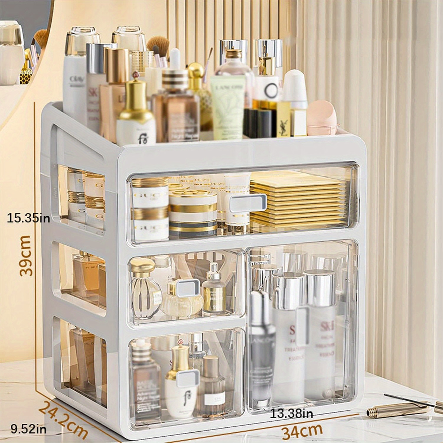 

Large Capacity Makeup Organizer With 4 Drawers - Clear Plastic Cosmetic Display Case For Vanity, Bathroom & Bedroom - Skincare, Brushes, Eyeshadow, Lotions, Lipstick & Nail Polish