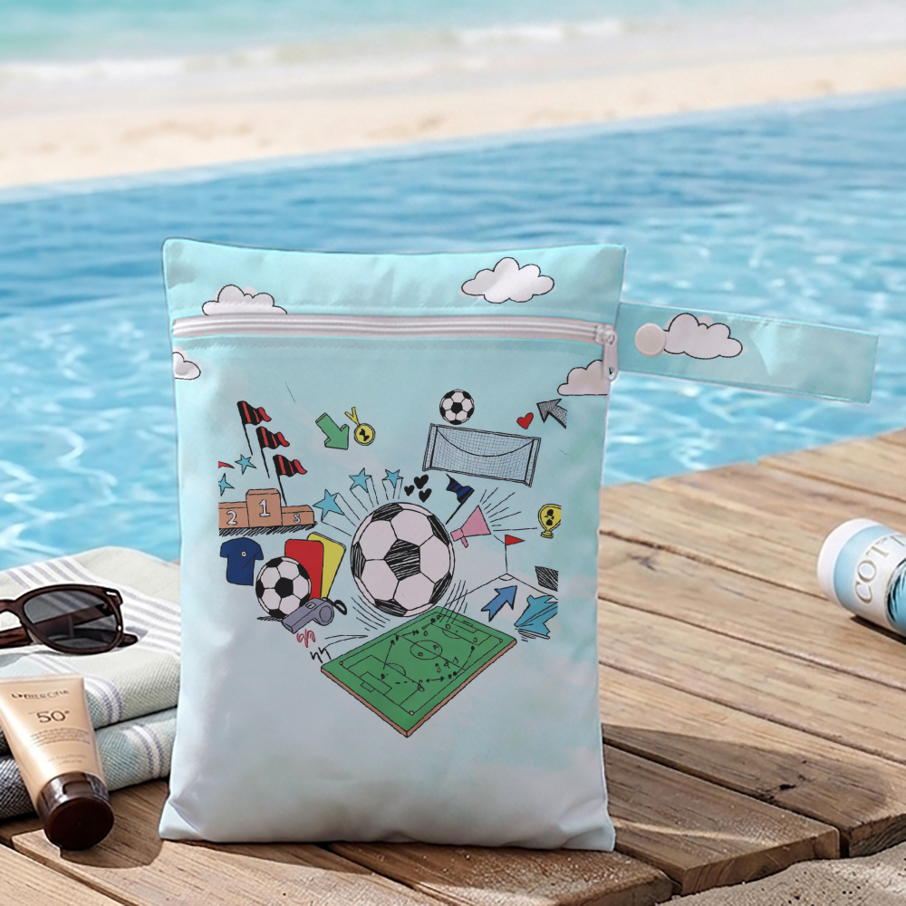 TEMU 1pc Football Field Sports Element Pattern Wet Dry Bag, Reusable Swimsuit Organizer, Vacation Portable Toiletry Storage Bag