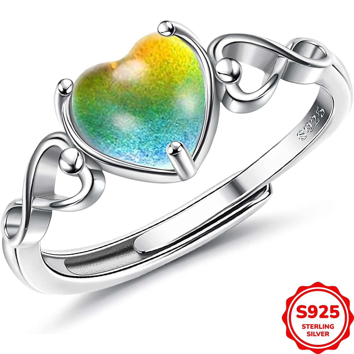 Image of Adjustable Heart-shaped Mood Rings Made Of 925 Sterling Silver For Women, Featuring Temperature-sensitive Color-changing . Stackable Rings Weigh 1.6g/0.06oz