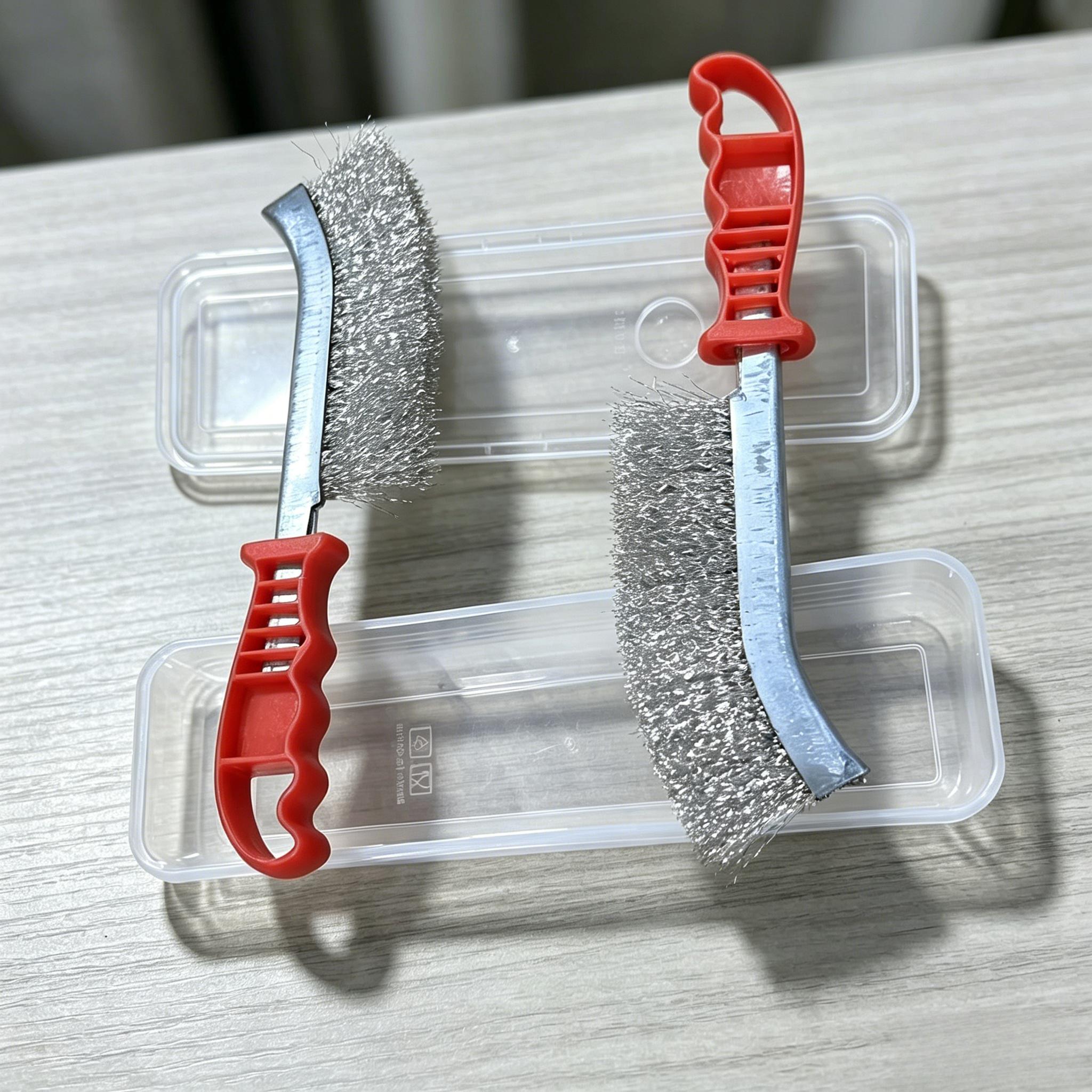 TEMU 3pcs Multi-functional Knife-shaped Wire Brush Set (includes Brushes And 1 Pp Storage Box) Industrial Rust Removal Cleaning Brush Rust Removal