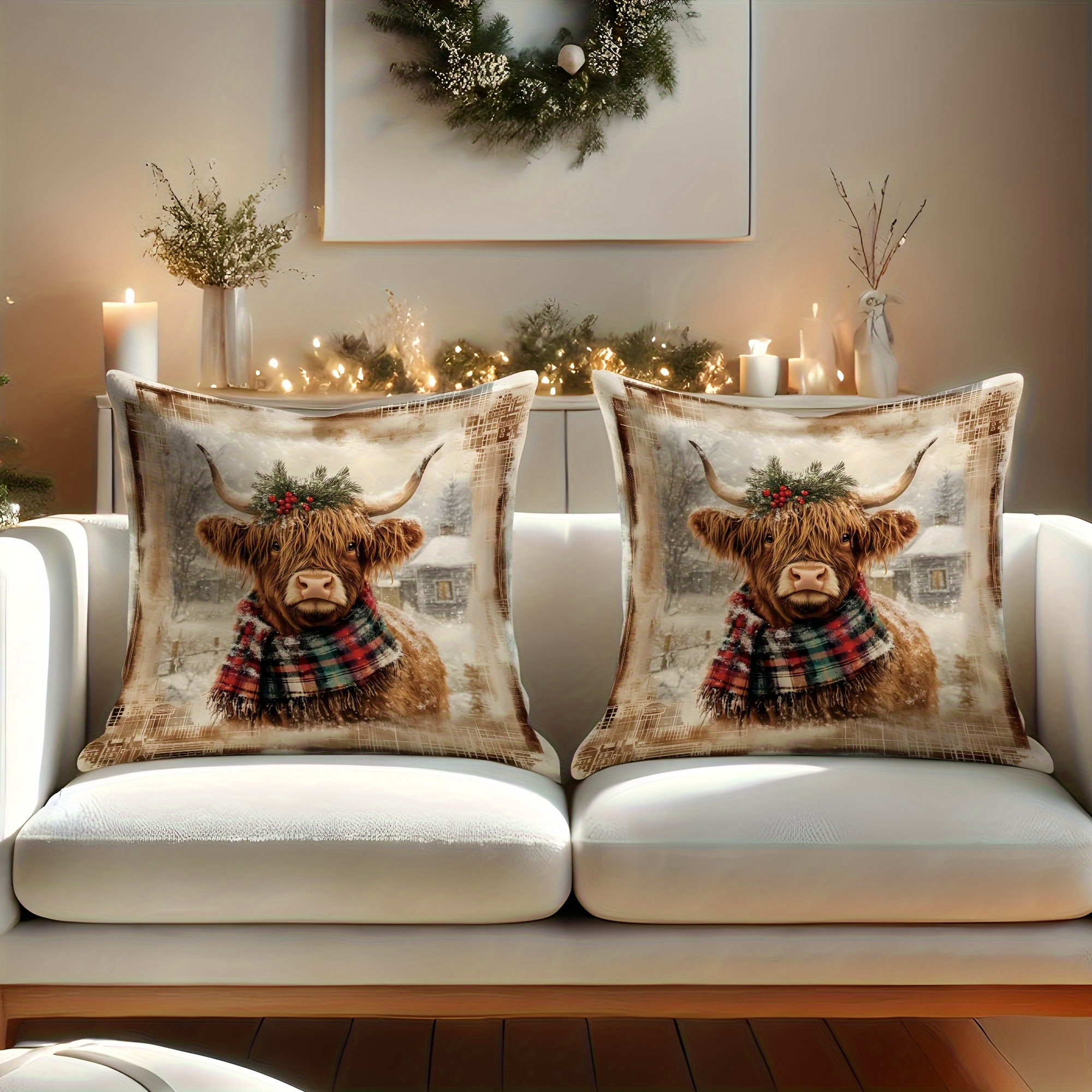 TEMU Set Of 2 Highland Cow Velvet Pillow Covers, Featuring A Festive Holly Design For Christmas, Soft Decorative Cushion Covers, Machine Washable,