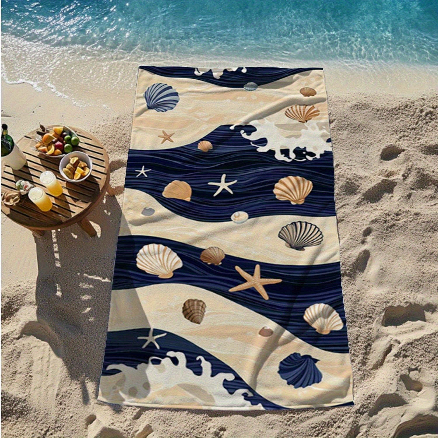TEMU 1pc Ocean Minimalist Quick-drying Beach Towel Super Soft Lightweight Terry Cloth Seashell And Starfish Suitable For Pool, Beach, Travel, Gym And
