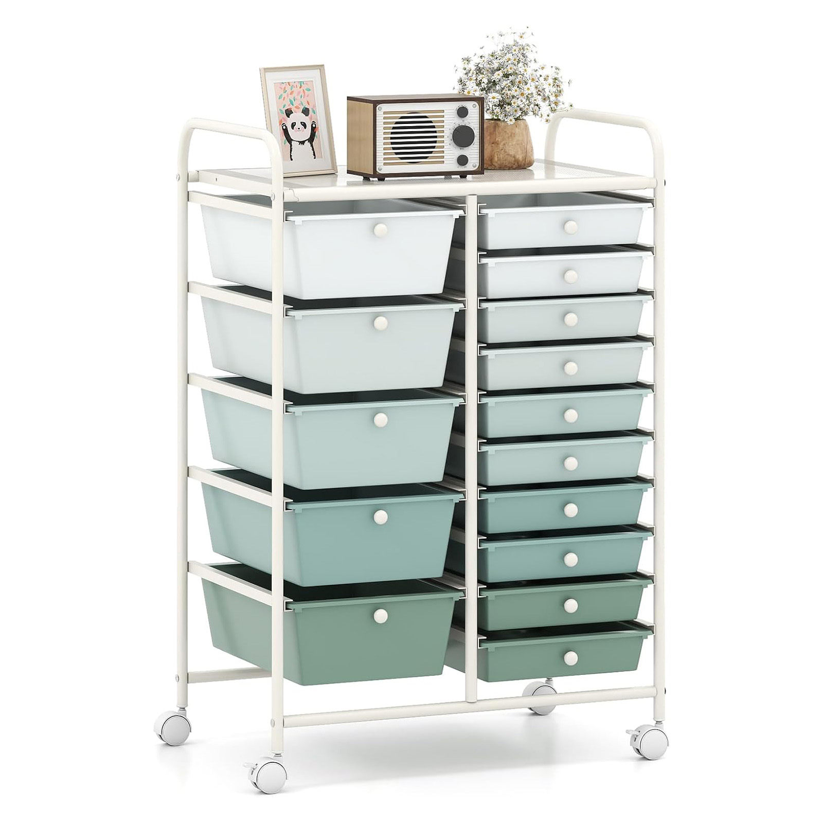 Image of 15-drawer Rolling Cart, Mobile Storage Cart W/ Colorful Drawers & Metal Frame, Home Multipurpose Utility Cart, Storage Trolley For Room Office, (gradient Green)