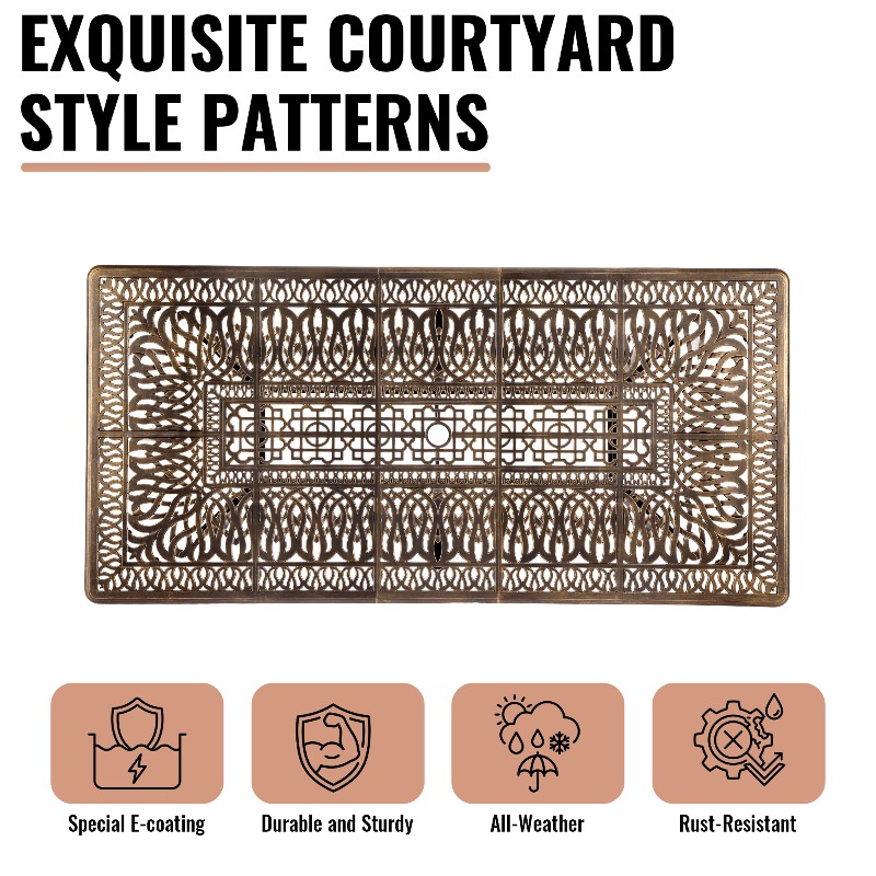 9pcs Cast Aluminum Outdoor Patio Dining Set - Ornate Scrollwork Design, Weather-Resistant Rust-Proof Frame, Square Table & 6 Cushioned Chairs, Suitable for Garden, Backyard & Poolside
