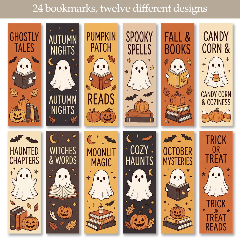 TEMU 24pcs Retro Fall Halloween Book Lover Bookmarks, Cute Spooky Pumpkin Bat Autumn Reading Pun Quote Page Markers For Bibliophiles & Halloween