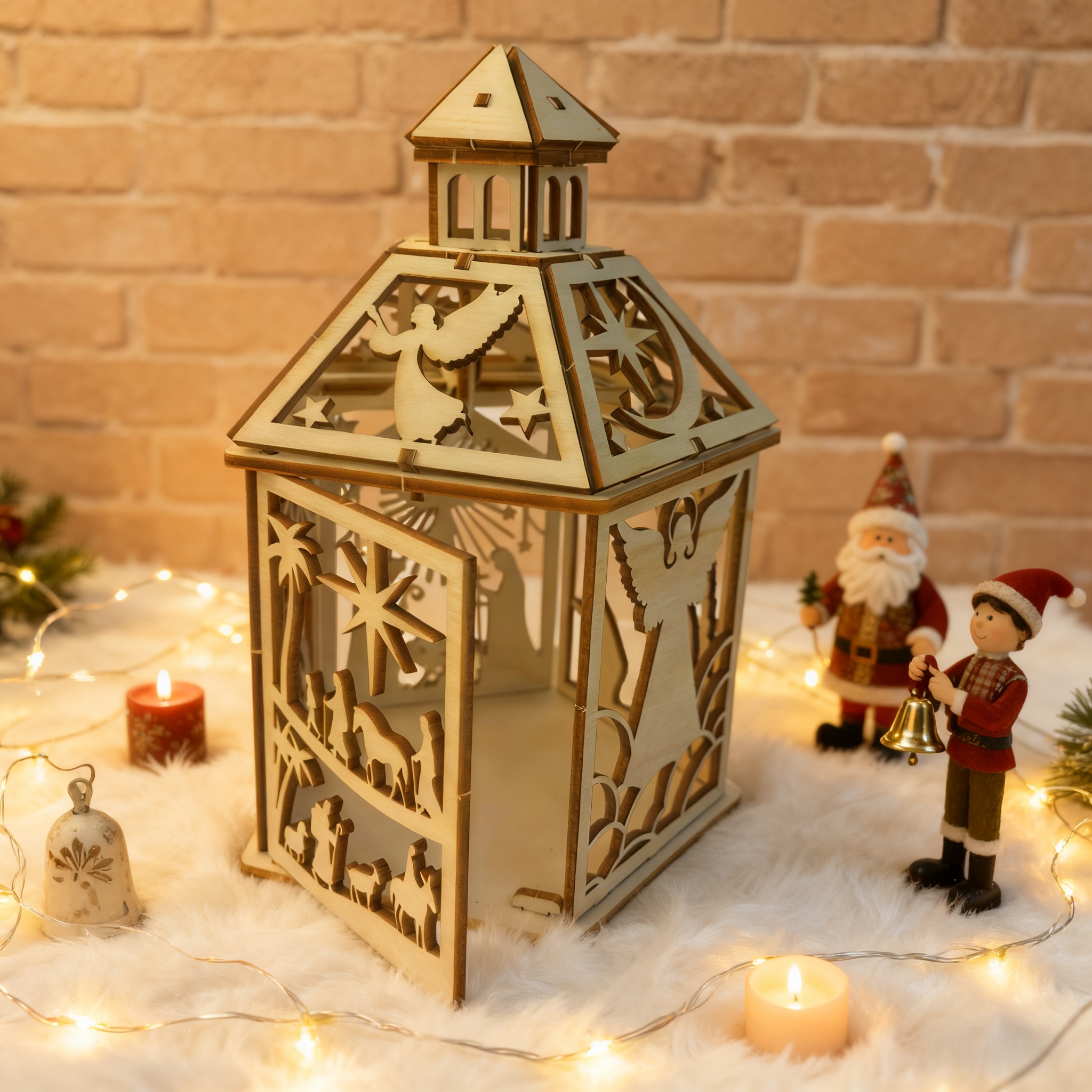 TEMU Wooden Nativity Lantern Ornament With Holy Family Scene & Figure - Multi-holiday Candle Holder Suitable For Christmas Tabletop Decor, Religious