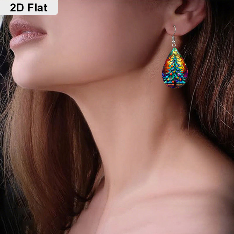 Teardrop-Shaped Dangle Earrings with Christmas Tree Design