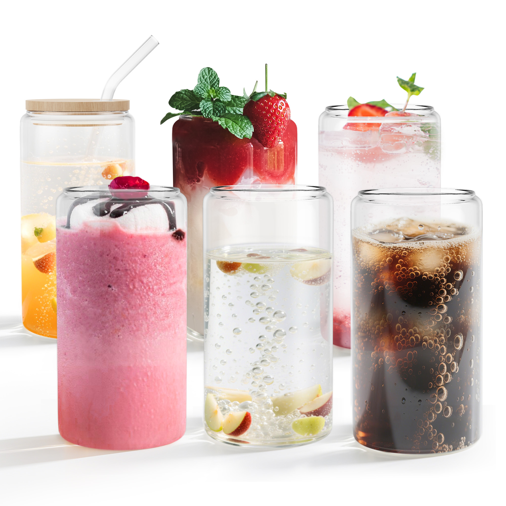 E-shop 6 Stück Trinkgläser, Eiskaffee-Gläser, geeignet für Gäste, Büro, Geschenk, passend zum Küchenstil, mit Deckel Strohhalm, 550 ml