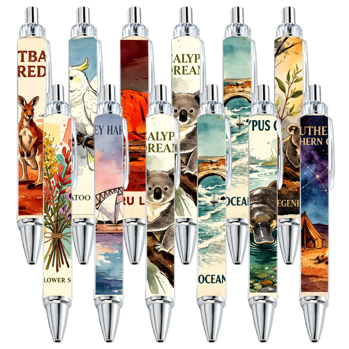TEMU 12pcs Australian Theme Neutral Pens, Watercolor Koala Kangaroo Scenery Pattern Ink Gift Pens