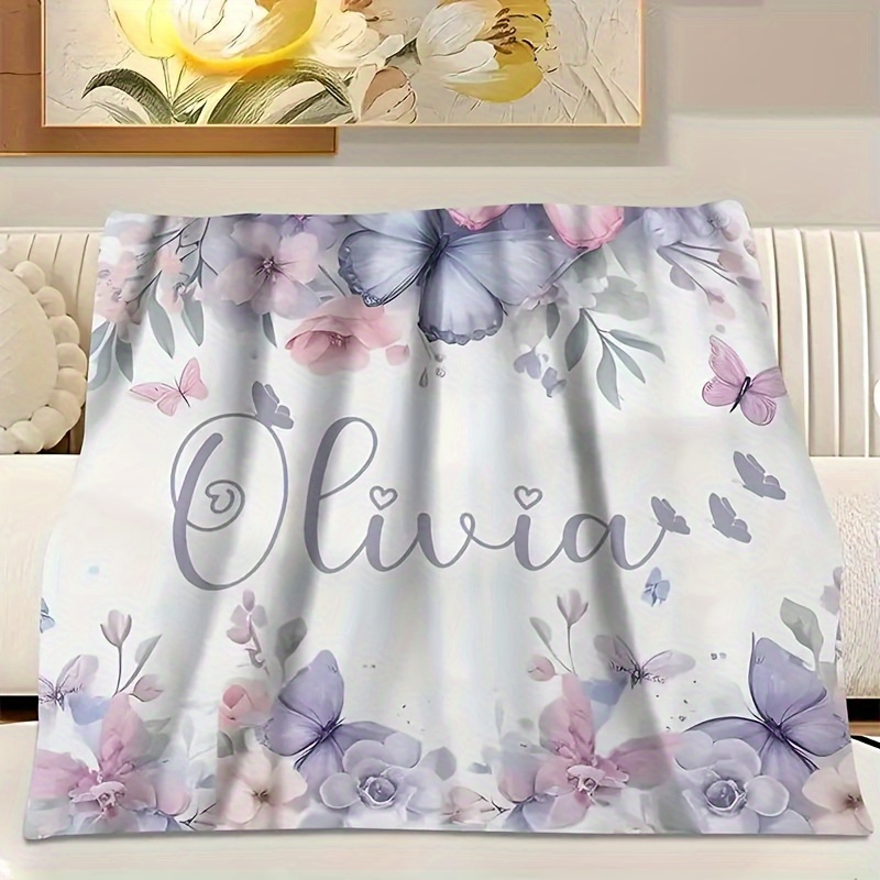 TEMU 1pc Custom Floral Pattern Fleece Blanket, Personalized Name Gift, , Machine Washable, For Beach, Camping, Car, Sofa, Pet, Office, , Durable, ,
