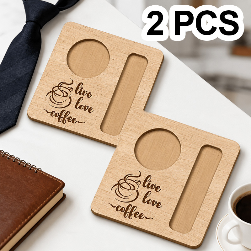Image of 2pcs Live Streaming Love Coffee Wooden Tray, Father's Day Gift, Coaster With Spoon Slot, Cute Wooden Coffee Station Storage Box, Father's Birthday Gift, Coffee Lover Gift