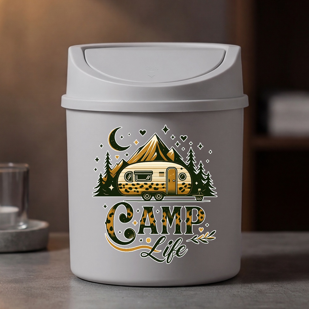 Retro Mountain Moon Desk Trash Can, Cute Camping Gift, Boho Outdoor Decor, Mini Swing Lid Plastic Waste Bin For Rv Lovers And Campers