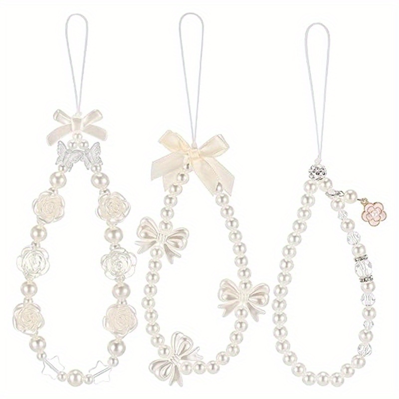 TEMU Set Of 3 Korean Y2k White Phone Chains, Featuring A Delicate Bow Pendant, An Elegant Hand-beaded Camellia Lanyard, And A Decorative Anti-loss