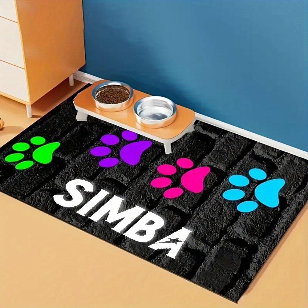 TEMU Personalized Paw Print Pet Feeding Mat - Non-slip Polyester Dog Mat With Customizable Food & Water Bowls, Indoor/outdoor Use, Pet Accessory For