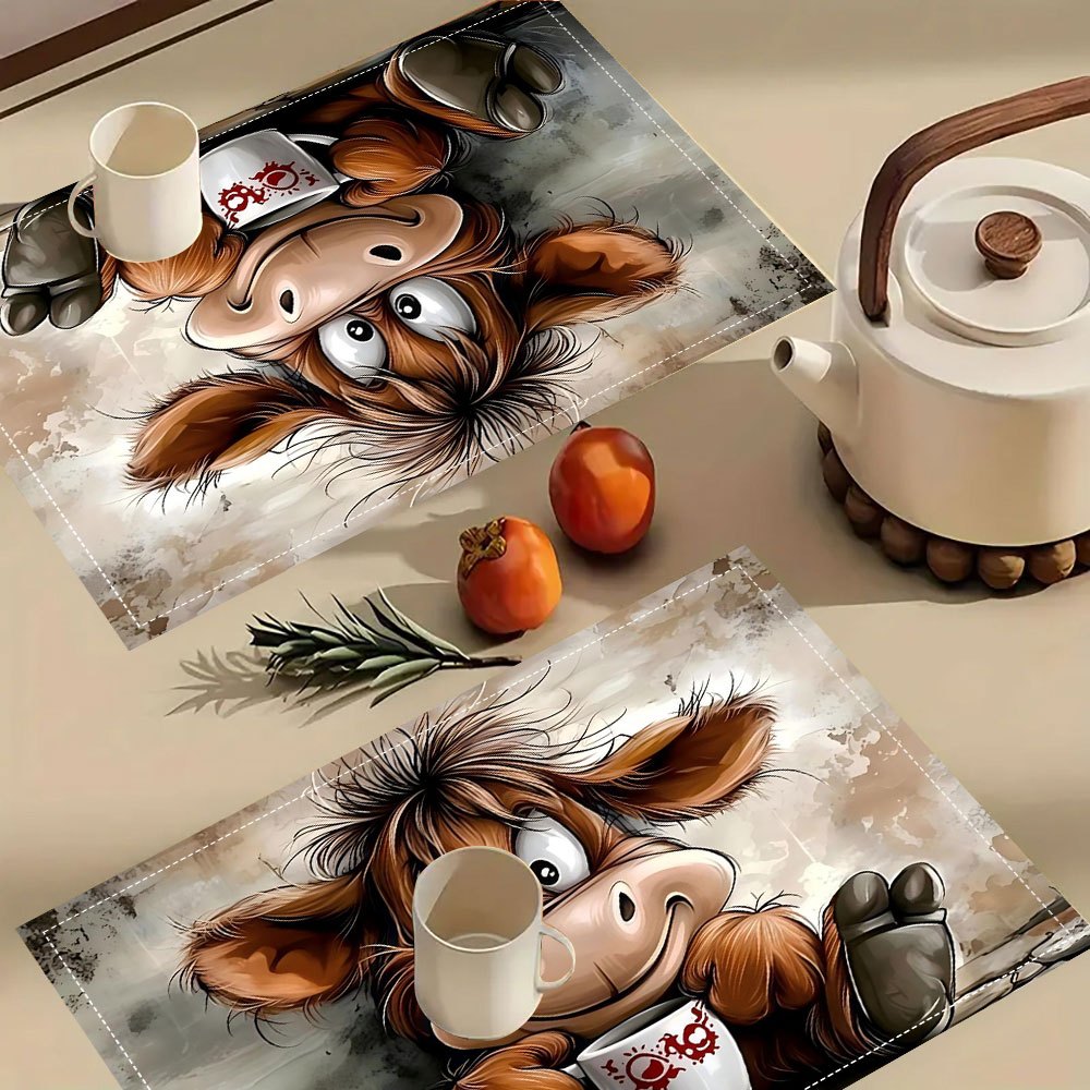 TEMU Highland Cow Placemats Suitable For Home & Restaurant, Table Decor With Cute Scottish Cow Print, Machine Washable Table Protectors, Brown