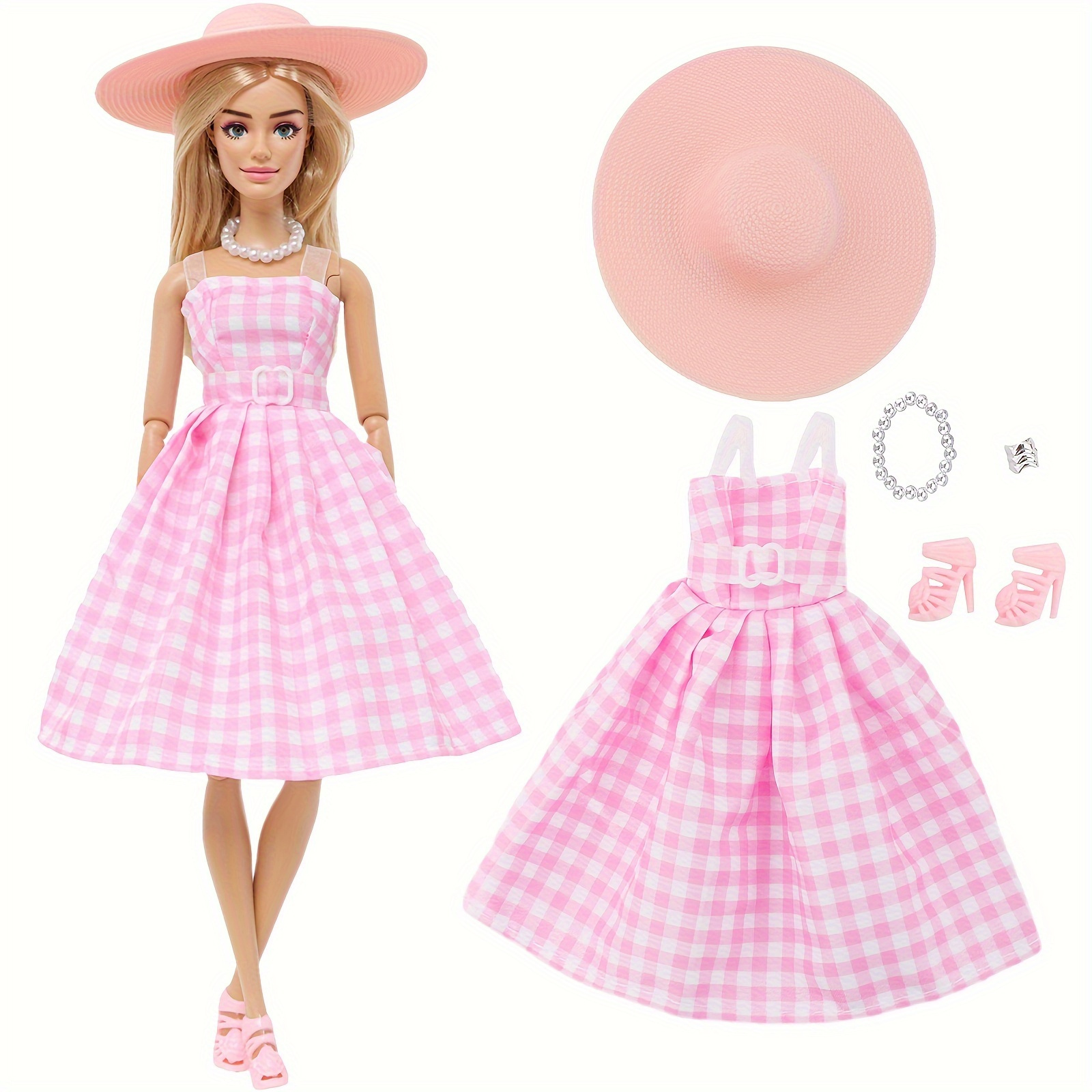 Image of Pink And White Checkered Dress Set, Suitable For 12-inch Fashion Dolls - Includes A Hat, Shoes, Necklace, And Bracelet - The Perfect Birthday And Holiday Gift For A Princess Toy (doll Not Included)