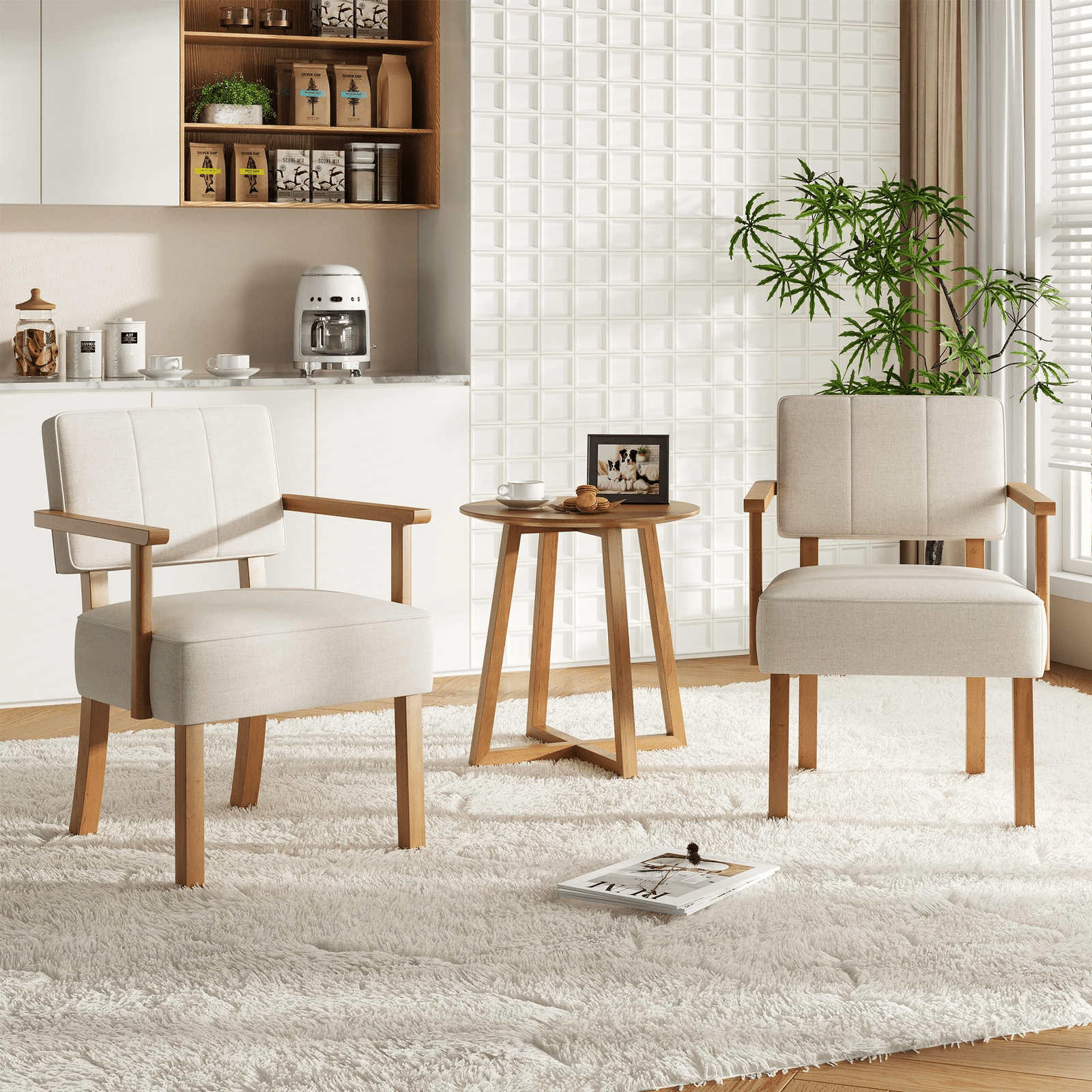 Patio Dining Set, Outdoor Chairs Set Garvee Mid-Century Accent Chair Set of 2 with Wood Frame, Linen Fabric Lounge Arm Chair with Classic Vertical Stripe Reading Leisure Chair for Living Room, Bedroom, Balcony, Beige