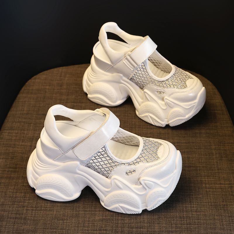 Image of 2026 Summer New Arrival Women's Rhinestone Mesh Breathable Wedge Sandals, Hook-and-loop Casual Platform Dad Sandals For Versatile Wear, Women Shoes, Sneakers