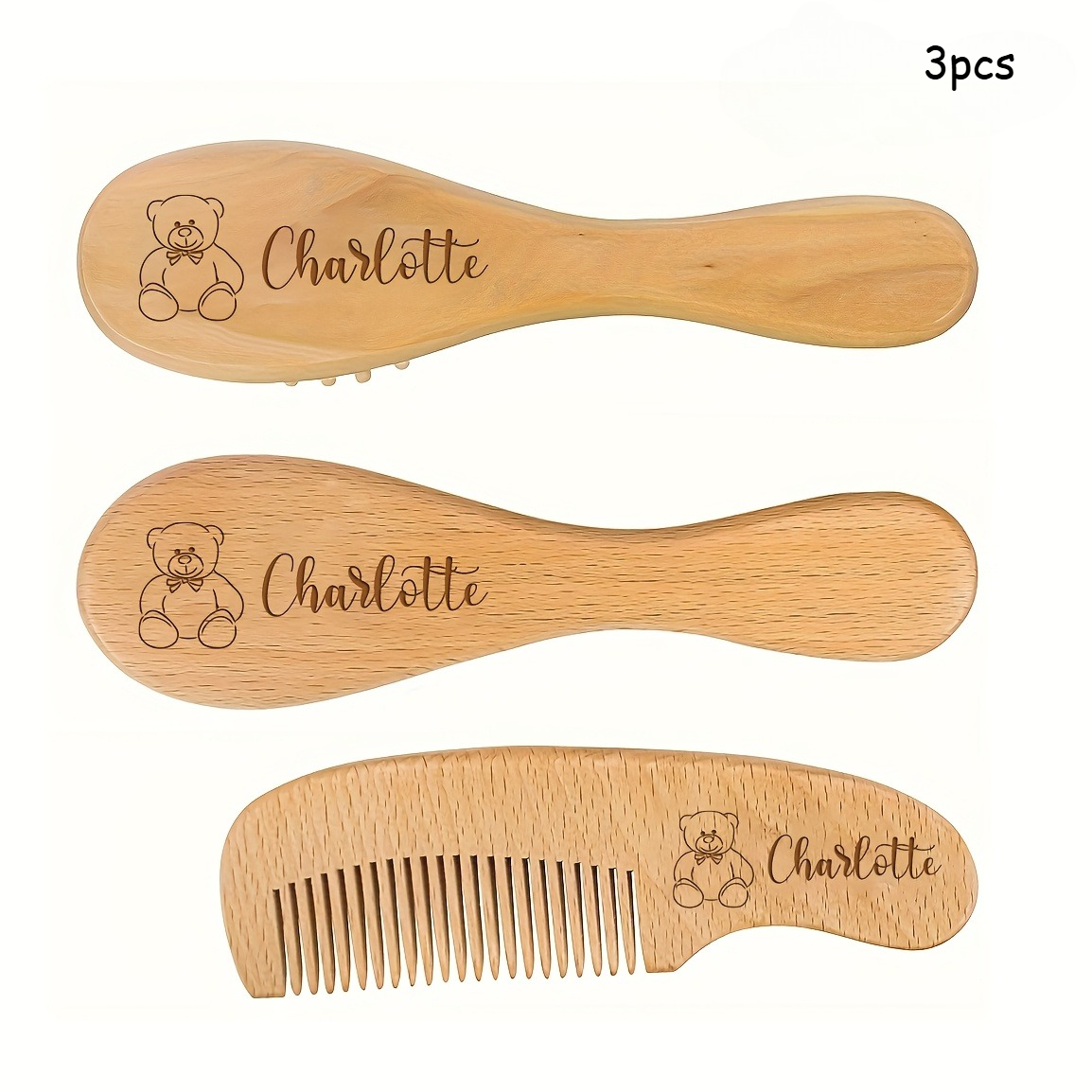 TEMU 3pcs Custom Name Brush Set, Suitable For Personalized Name With Cute Bear Pattern Wooden Hairbrush Comb Set, Hairbrush Comb Cushion Brush Set,
