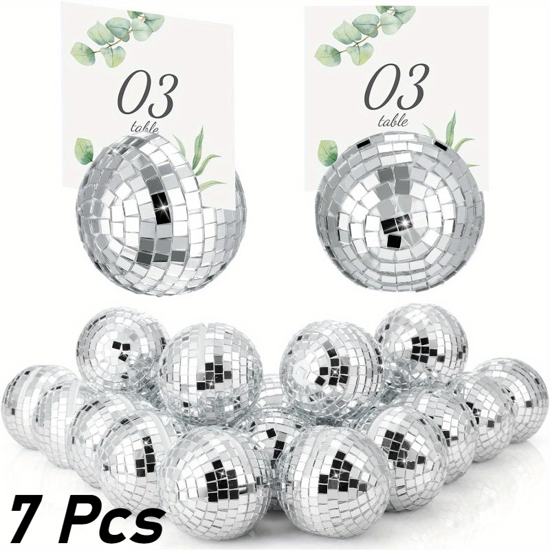 Image of Set Of 7 Reflective Table Number Holders - Shimmering Silver Disco Ball Stands For Wedding Receptions, Birthday Celebrations, And Photo Name Card Displays