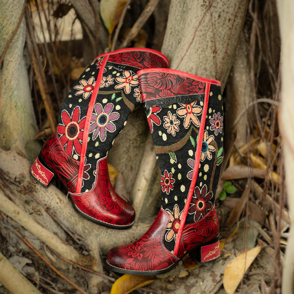 Adjustable Knee High Boots Women In A Casual Vintage Floral